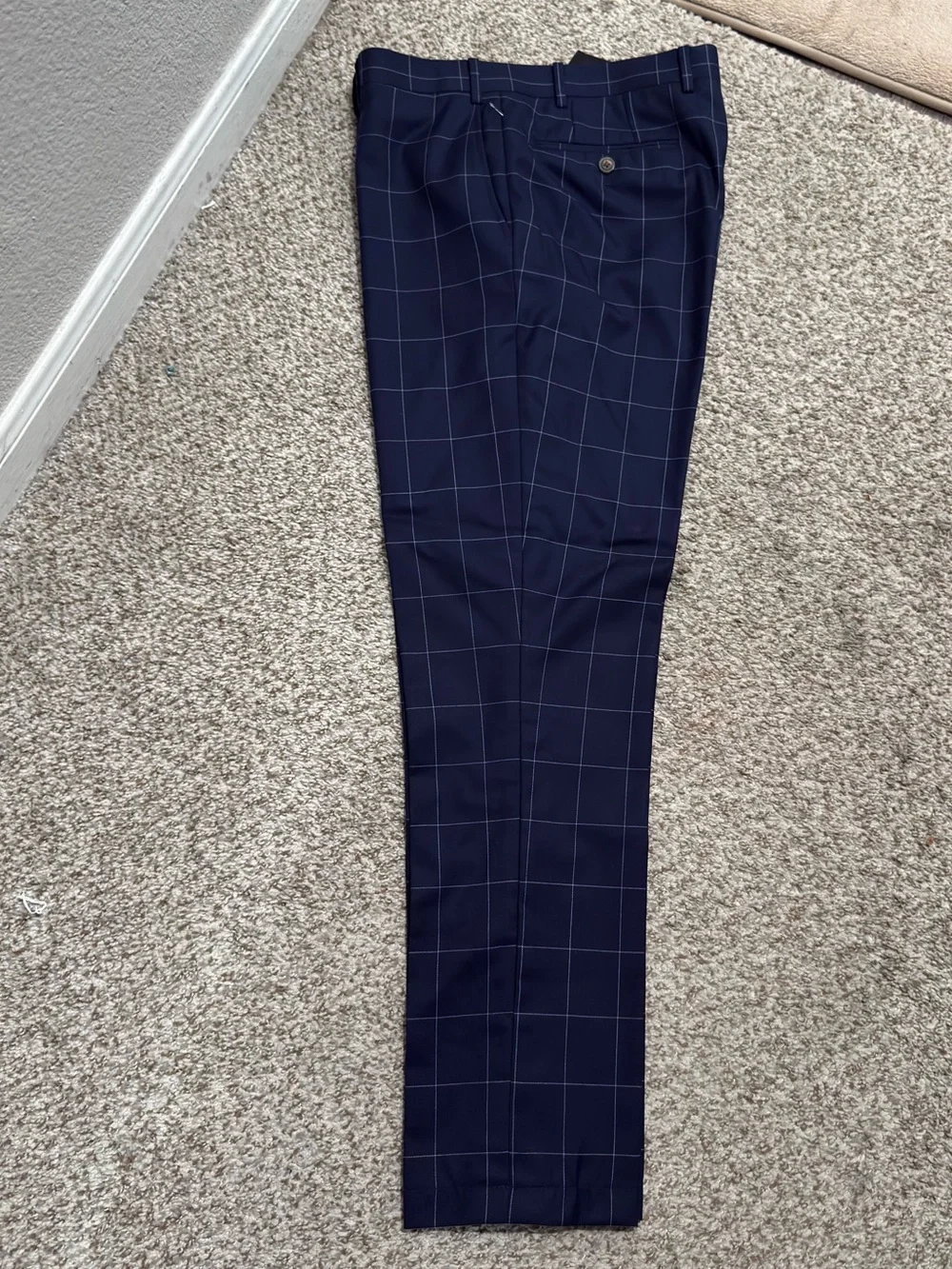 INDOCHINO Custom Wool Suit 40R 34x30 Navy Harrogate Windowpane US Flag Lining